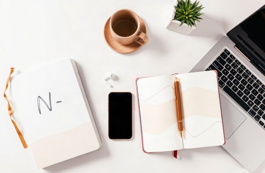 N잡러 - flat lay of notebook, smartphone, and laptop on white desk with text overlay "N-Job Strategy 2026", income planning concept