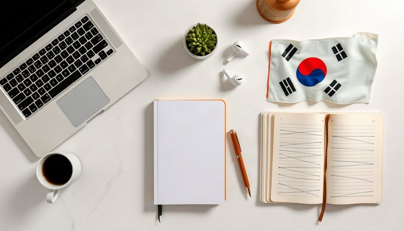 시사플랫폼 전진숙 - flat lay of political policy documents and Korean national flag on clean white desk, interview concept