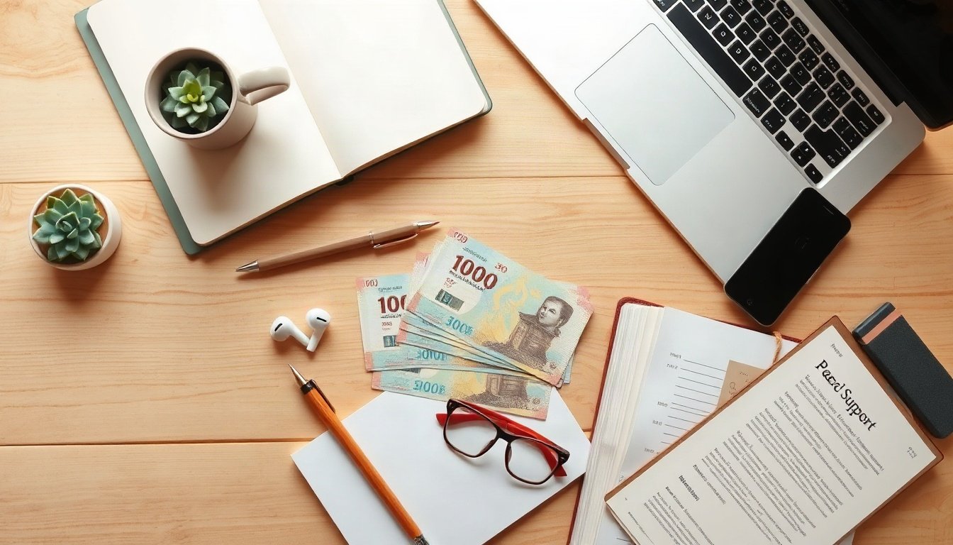 근로장려금 - flat lay of Korean won banknotes and government support document on wooden desk, earned income tax credit benefit concept