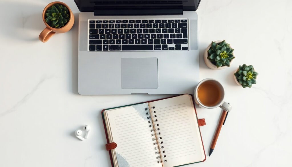블로그 상위노출 - flat lay of laptop, notebook, and coffee cup on white desk, blog SEO strategy concept for Korean content creators