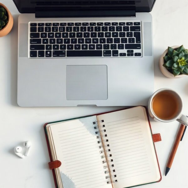 블로그 상위노출 - flat lay of laptop, notebook, and coffee cup on white desk, blog SEO strategy concept for Korean content creators