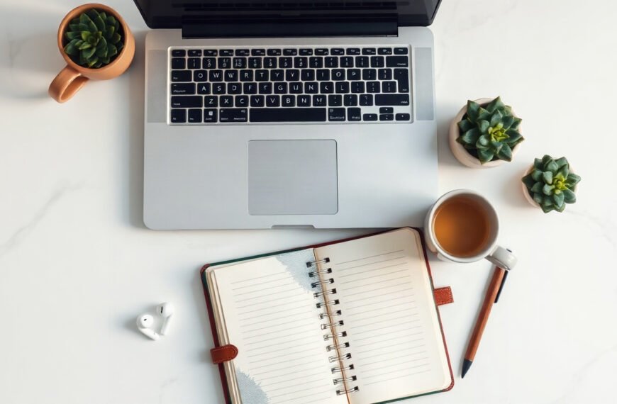 블로그 상위노출 - flat lay of laptop, notebook, and coffee cup on white desk, blog SEO strategy concept for Korean content creators