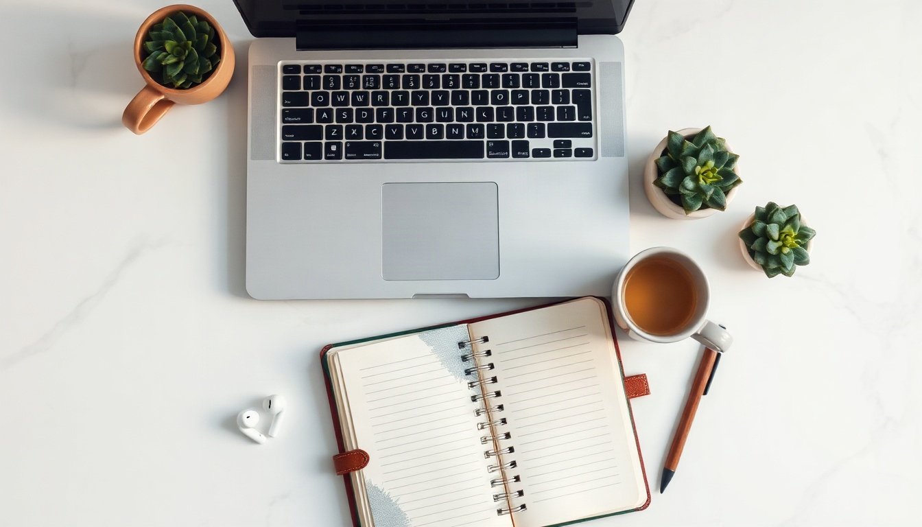 블로그 상위노출 - flat lay of laptop, notebook, and coffee cup on white desk, blog SEO strategy concept for Korean content creators
