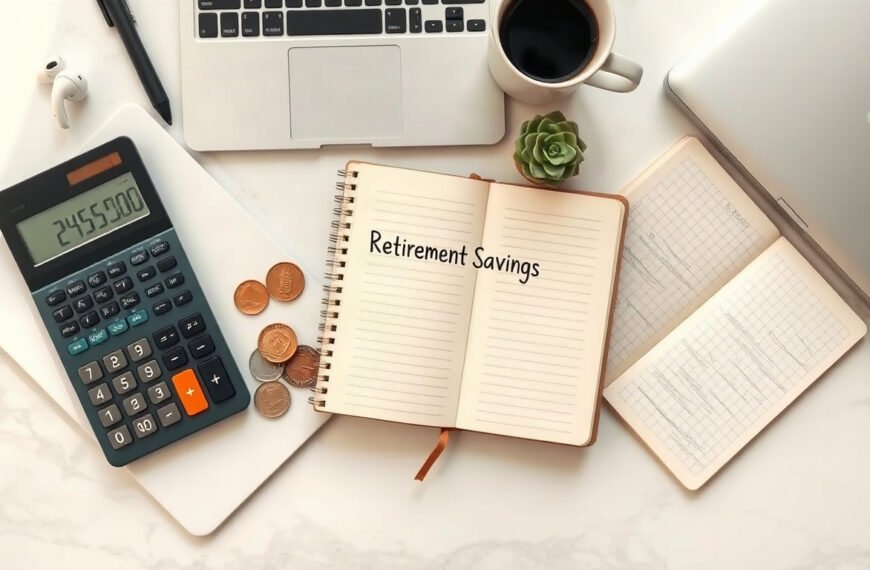 연금 투자 - flat lay of calculator, coins and retirement savings notebook on white desk, pension investment tax credit concept