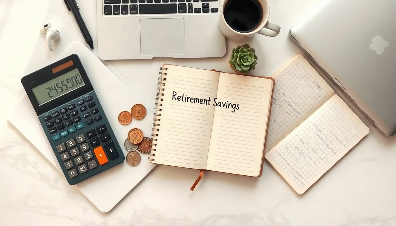연금 투자 - flat lay of calculator, coins and retirement savings notebook on white desk, pension investment tax credit concept