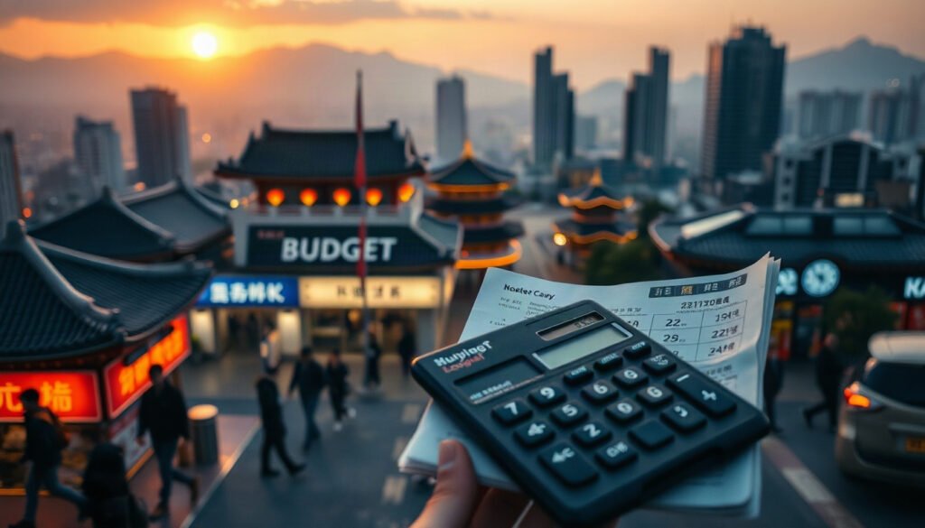 서울시 억원 - overhead view of Seoul city budget documents with calculator and Korean won banknotes on a wooden desk, Seoul budget 2027 concept