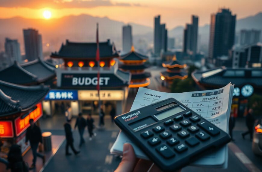 서울시 억원 - overhead view of Seoul city budget documents with calculator and Korean won banknotes on a wooden desk, Seoul budget 2027 concept