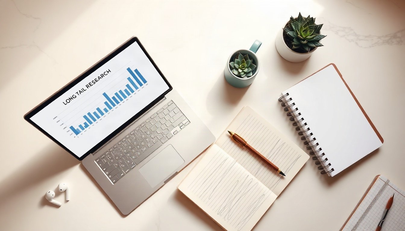 롱테일 키워드 - flat lay of laptop showing long tail keyword research chart, notebook with keyword list and coffee on white desk, overhead view