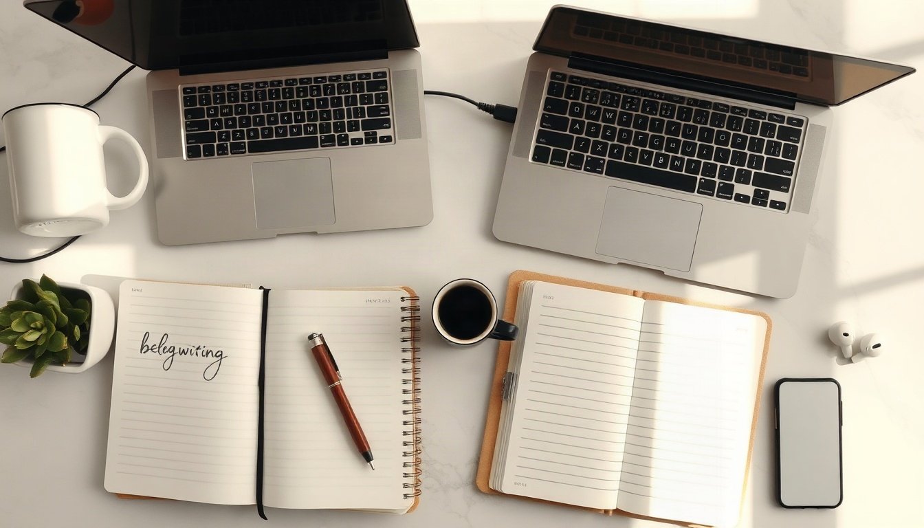 블로그 글쓰기 - Korean man upper body shot with face visible, analyzing blog writing keyword search intent on laptop screen in bright home office, natural hands