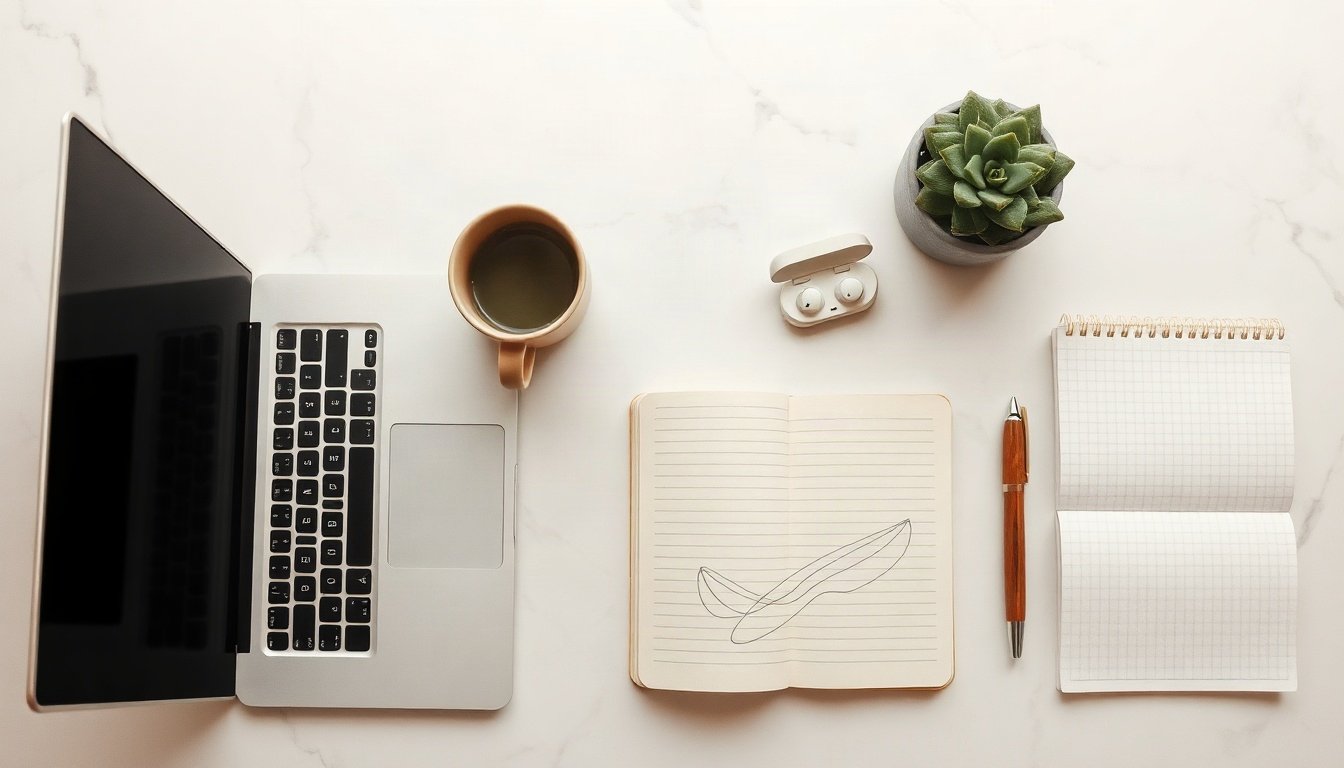 생성형 AI - flat lay overhead view of laptop showing generative AI chat interface, notebook with side hustle roadmap, coffee cup on white desk