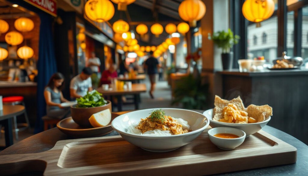 중랑구 달빛야장 - night market street food alley in Seoul with warm lanterns and food stalls, Jungnang moonlight night market concept, wide shot without people close-up