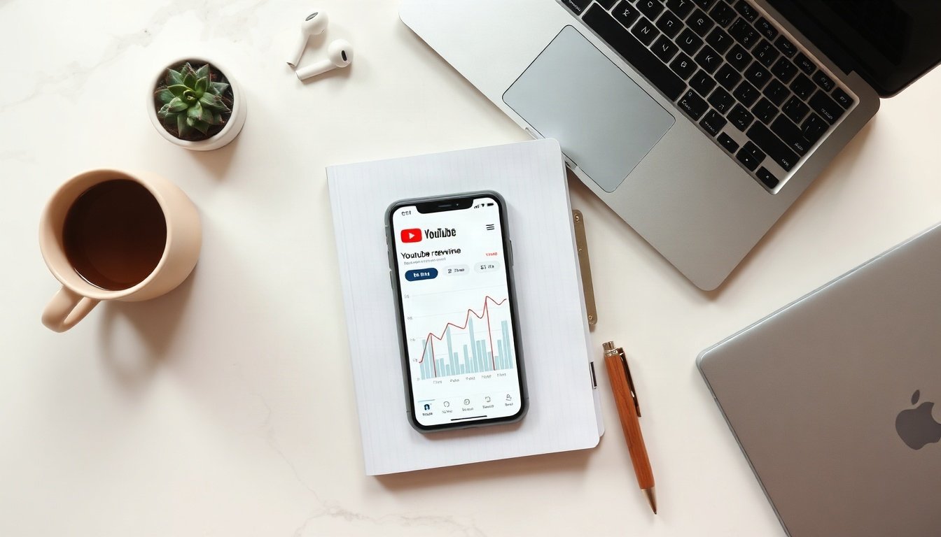 유튜브 수익화 - flat lay overhead view of smartphone showing YouTube monetization revenue chart, notebook and coffee on white desk