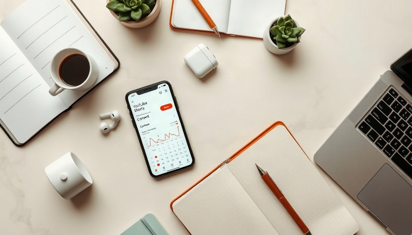 유튜브 쇼츠 - flat lay of smartphone showing YouTube Shorts analytics dashboard, content calendar notebook and coffee on white desk, overhead view