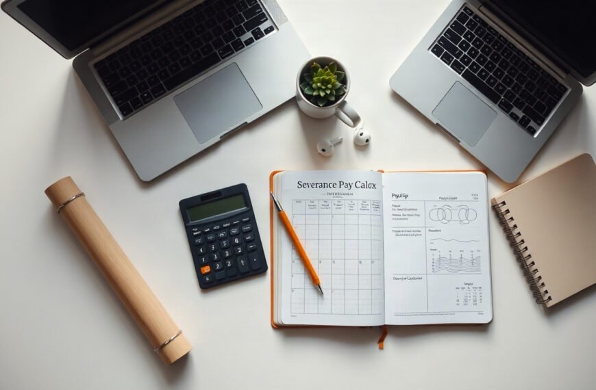 퇴직금 계산 - flat lay of calculator, payslip and calendar on white desk, severance pay calculation concept in Korea