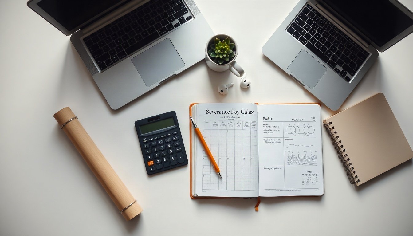 퇴직금 계산 - flat lay of calculator, payslip and calendar on white desk, severance pay calculation concept in Korea