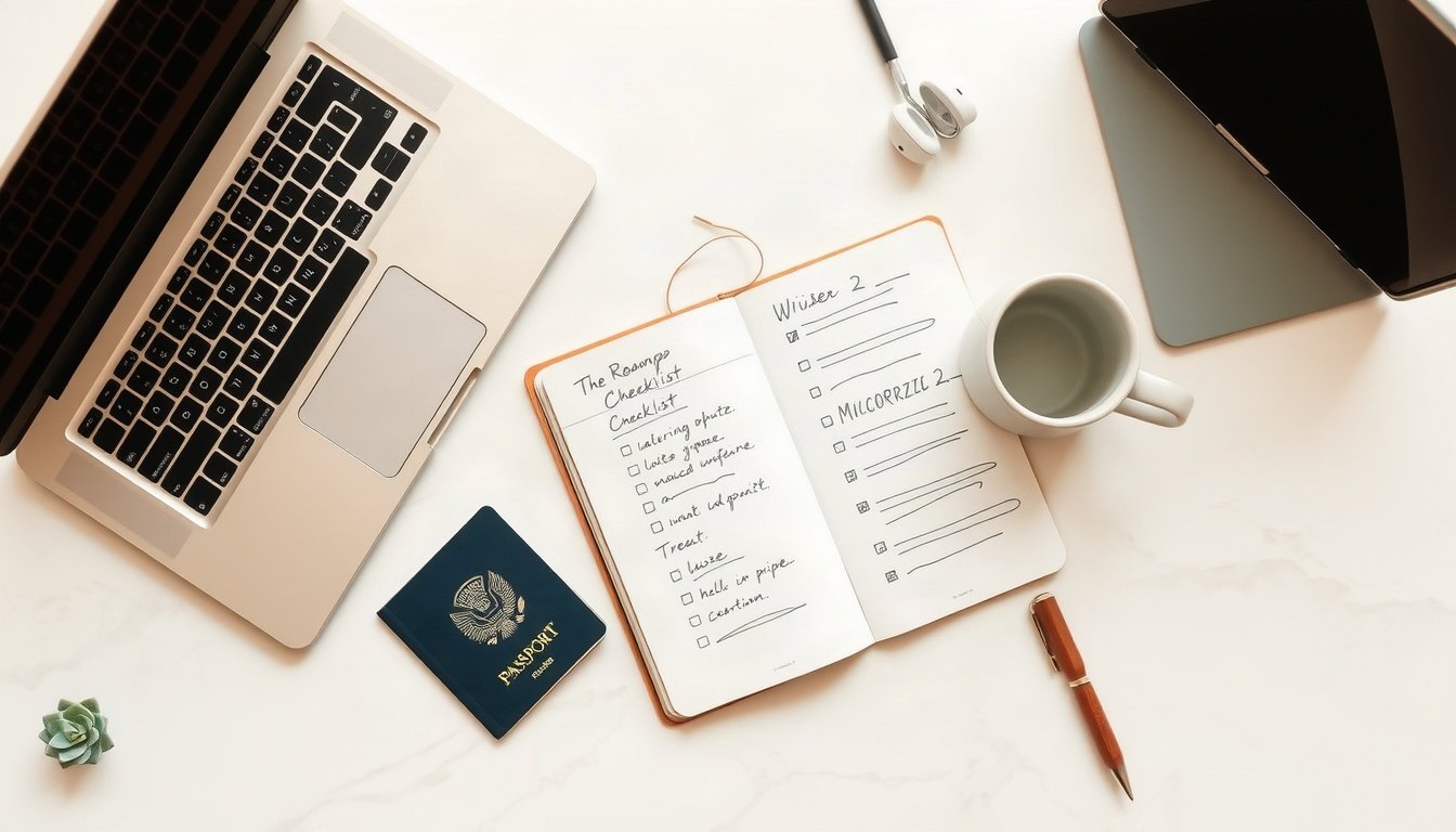 디지털노마드 - flat lay of laptop, passport, notebook with roadmap checklist and coffee cup on wooden desk, digital nomad planning concept, overhead view