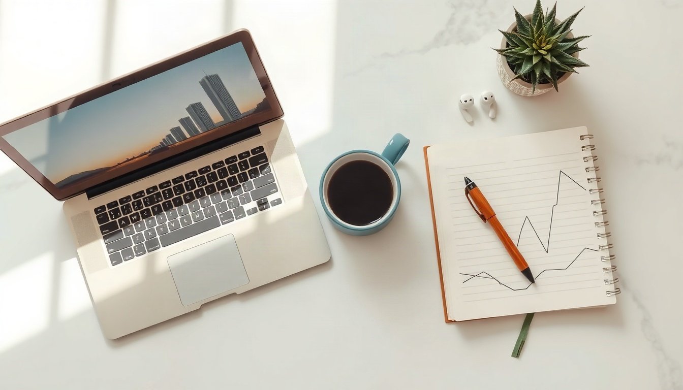 기업 상생재원 - overhead view of laptop showing growth chart, notebook and coffee on white desk, corporate win-win fund social impact startup concept