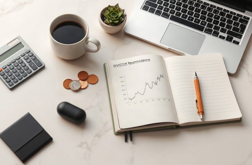 배당주 추천 - flat lay of calculator, notebook with dividend stock recommendation chart, coins and coffee on white desk, overhead view