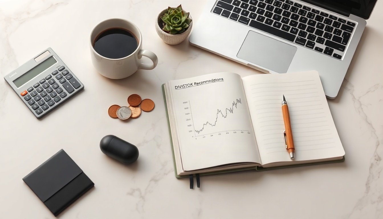 배당주 추천 - flat lay of calculator, notebook with dividend stock recommendation chart, coins and coffee on white desk, overhead view