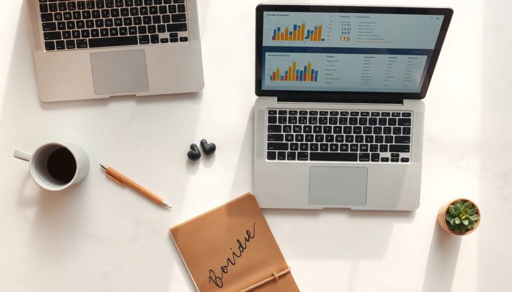 온라인 창업 - flat lay overhead view of laptop showing online business sales dashboard, small product samples and notebook on white desk, online startup concept