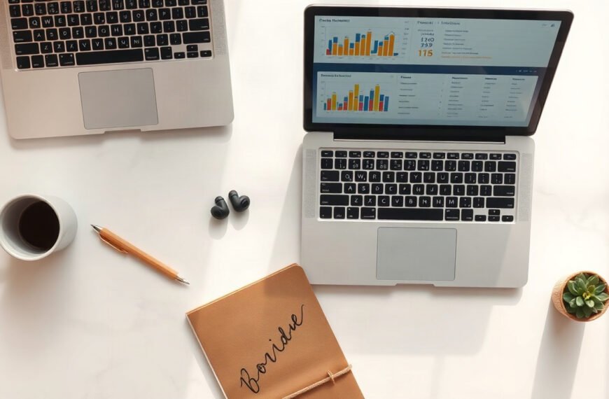온라인 창업 - flat lay overhead view of laptop showing online business sales dashboard, small product samples and notebook on white desk, online startup concept