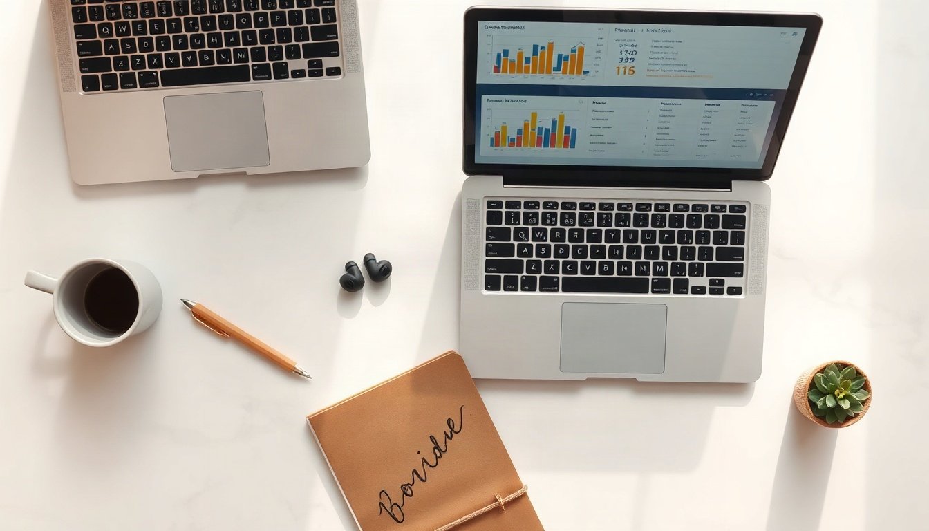 온라인 창업 - flat lay overhead view of laptop showing online business sales dashboard, small product samples and notebook on white desk, online startup concept