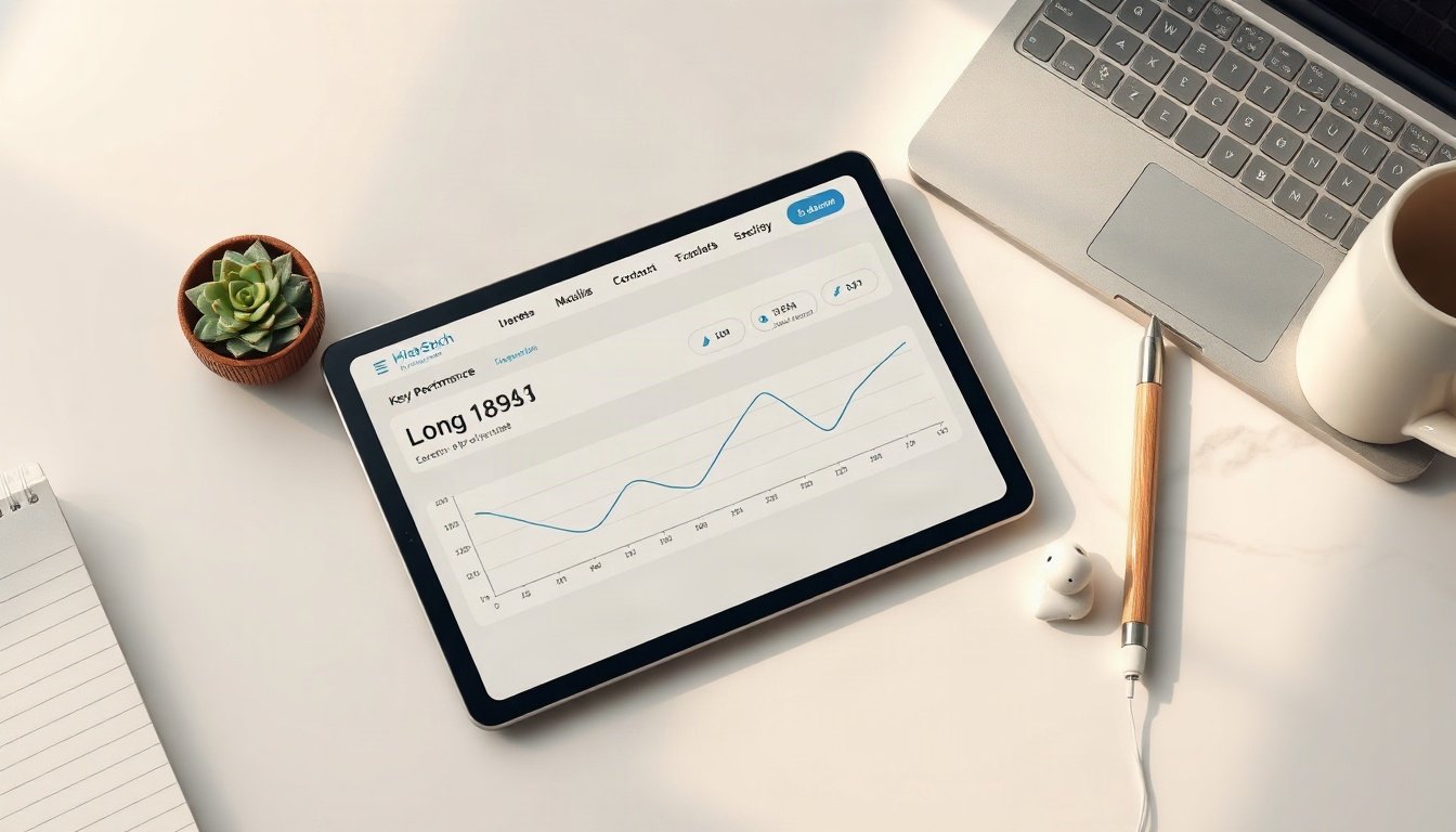 롱테일 키워드 - overhead view of desk with tablet displaying long tail keyword performance dashboard graph, sticky notes and pen, product shot