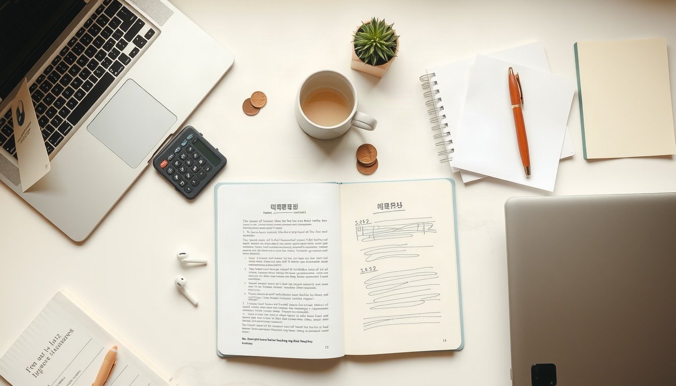 보령시 소상공인 - flat lay of Korean small business insurance documents, calculator and coins on wooden desk, Boryeong small business owner subsidy concept