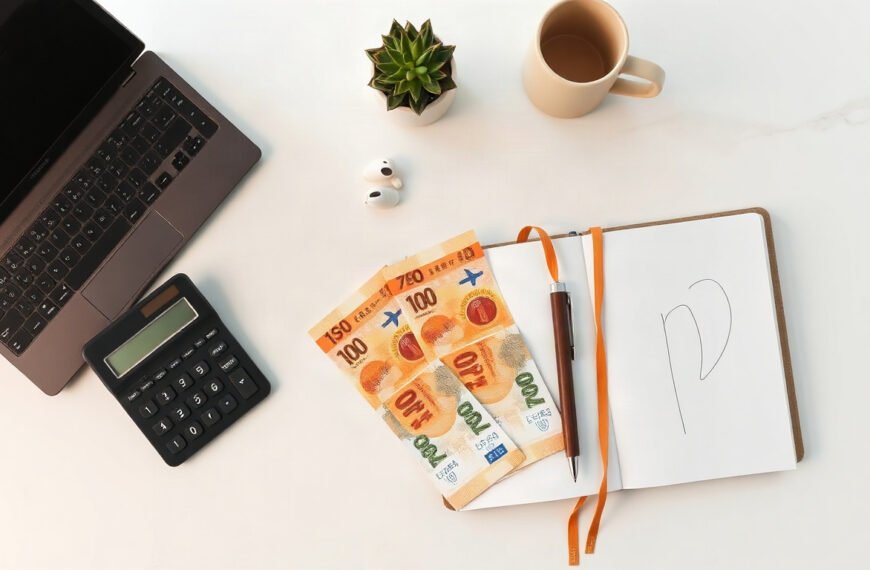 재테크 방법 - flat lay of Korean won banknotes, calculator and notebook on white desk, financial planning and investment tips concept