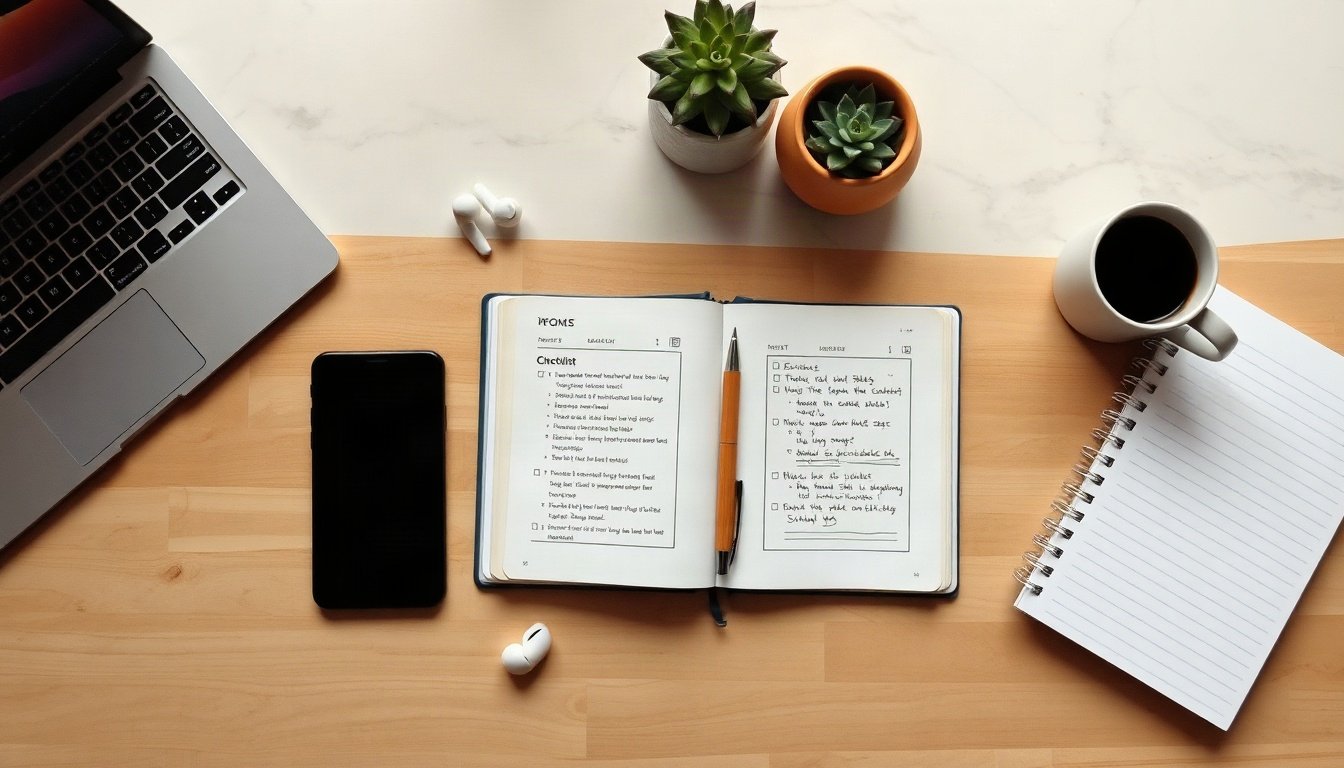 청년에게 묻기 - flat lay of application documents, smartphone and checklist on wooden desk, youth policy ladder asking youth concept, overhead view