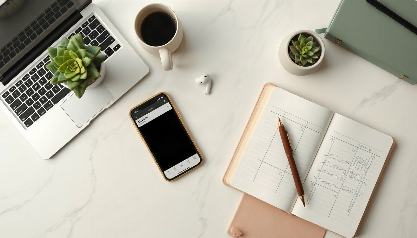 청년정책 경기도 - flat lay overhead view of smartphone showing application form, calendar and documents on white desk, Gyeonggi youth policy application concept
