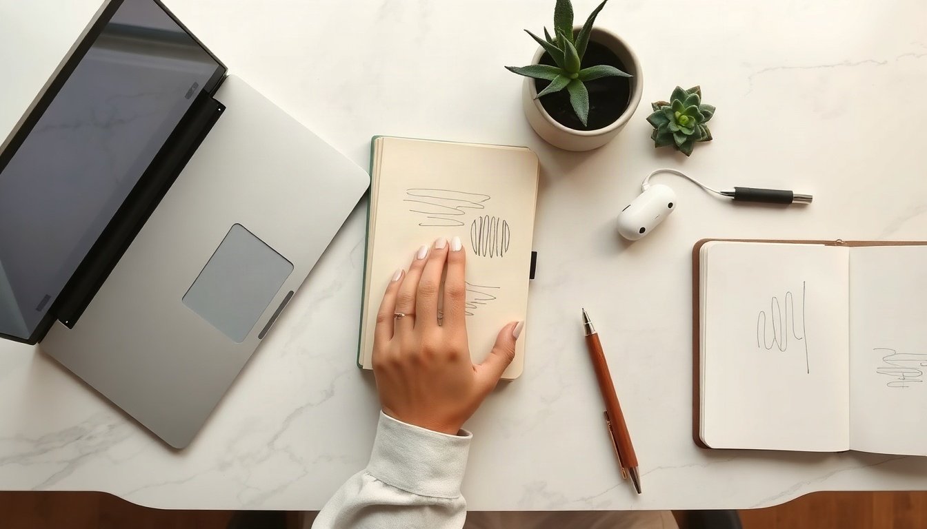 블로그 광고 수익 - Korean blogger upper body shot with face visible, checking blog ad revenue report on smartphone and laptop at home office desk, natural hands