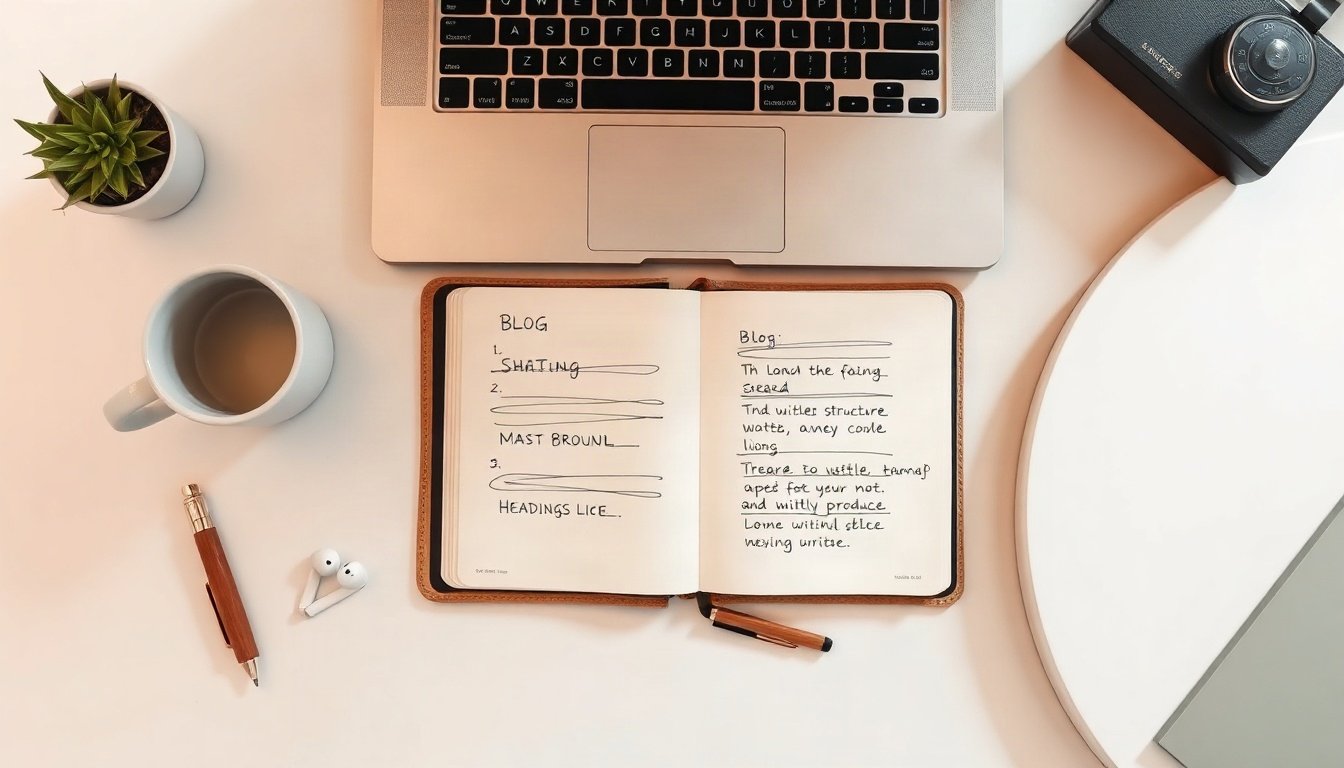 블로그 글쓰기 - flat lay of notebook with blog writing outline, headings structure sketch, laptop and coffee on white desk, overhead view