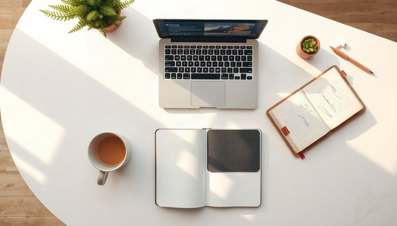 애드센스 승인 - overhead view of laptop showing website navigation menu and checklist notebook on white desk, adsense approval site audit concept