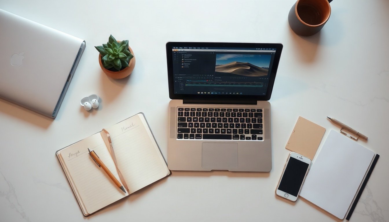 유튜브 시작하기 - flat lay of laptop showing video editing timeline, smartphone, notebook with content plan on white desk, start YouTube channel workflow concept