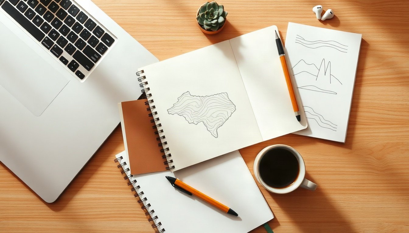 김준환의 교육 - flat lay of laptop, notebook with regional map and coffee on wooden desk, youth policy planning concept inspired by Kim Jun-hwan education column