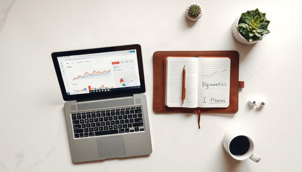 블로그 수익화 - flat lay of laptop showing blog monetization analytics dashboard, notebook with six month roadmap, coffee cup on white desk, overhead view