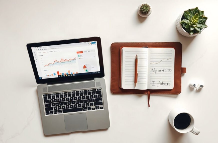 블로그 수익화 - flat lay of laptop showing blog monetization analytics dashboard, notebook with six month roadmap, coffee cup on white desk, overhead view