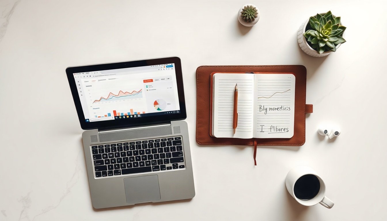 블로그 수익화 - flat lay of laptop showing blog monetization analytics dashboard, notebook with six month roadmap, coffee cup on white desk, overhead view
