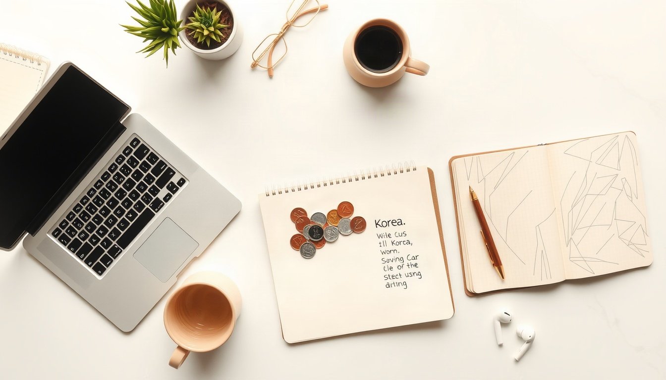 갚는 청년에게 - flat lay of Korean won coins, savings passbook and calculator on white desk, overhead view, youth asset building fund concept for young people repaying debt