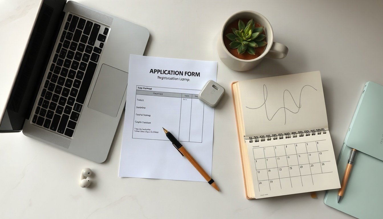 서산시 외식 - flat lay of application form, business registration documents and calendar marked deadline on white desk, Seosan dining subsidy application concept