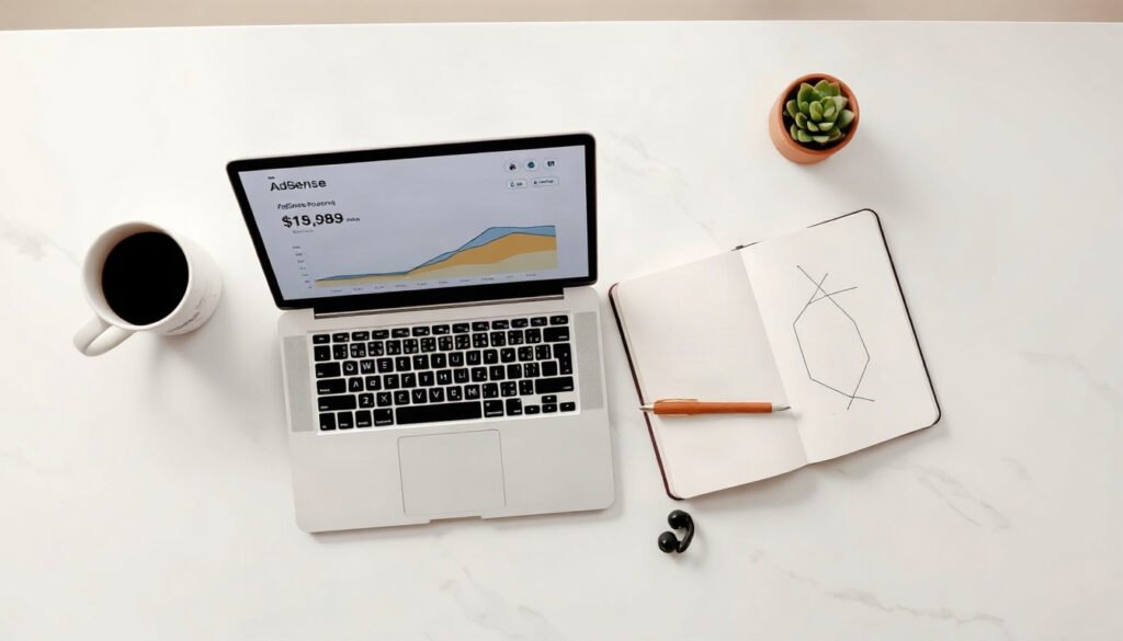 애드센스 수익 - flat lay overhead view of laptop showing AdSense revenue dashboard with RPM and CTR charts, calculator and notebook on white desk, AdSense revenue calculation concept