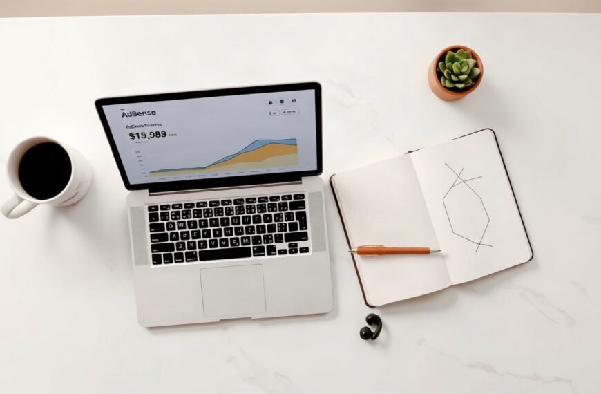 애드센스 수익 - flat lay overhead view of laptop showing AdSense revenue dashboard with RPM and CTR charts, calculator and notebook on white desk, AdSense revenue calculation concept
