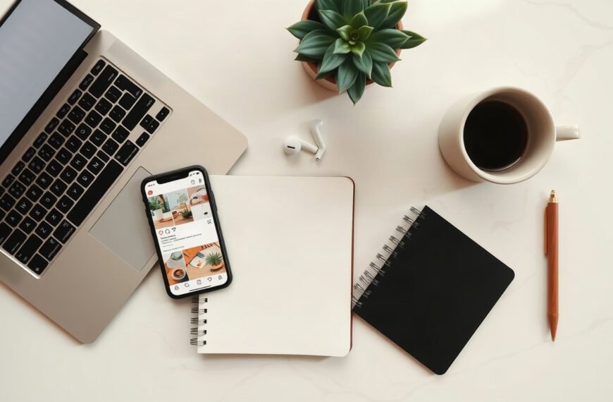 인스타그램 알고리즘 - flat lay of smartphone showing Instagram algorithm feed, reels and explore tab icons on white desk with notebook, social media growth concept