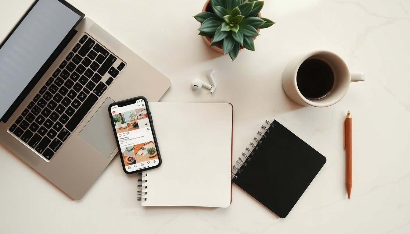인스타그램 알고리즘 - flat lay of smartphone showing Instagram algorithm feed, reels and explore tab icons on white desk with notebook, social media growth concept