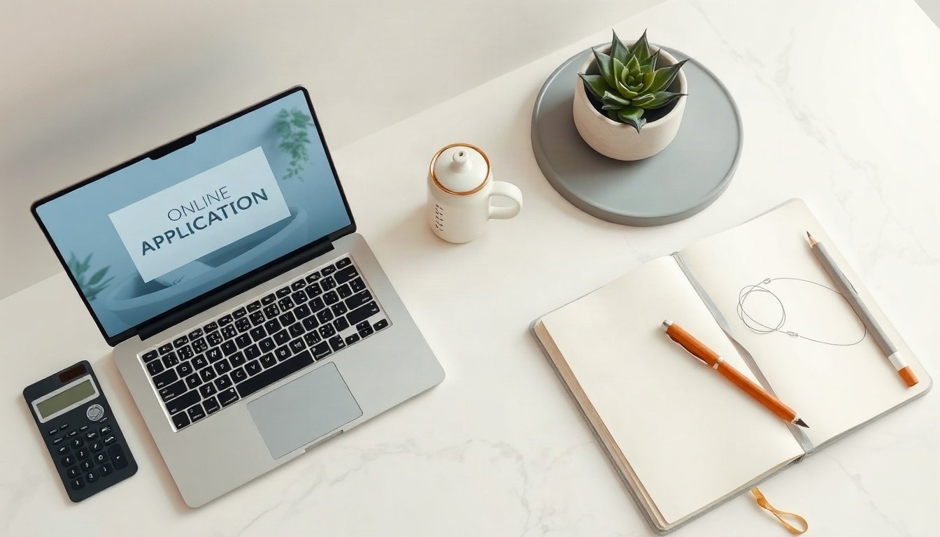 육아휴직 급여 - flat lay of laptop showing online application form, calculator, baby bottle and calendar on white desk, parental leave benefit application concept