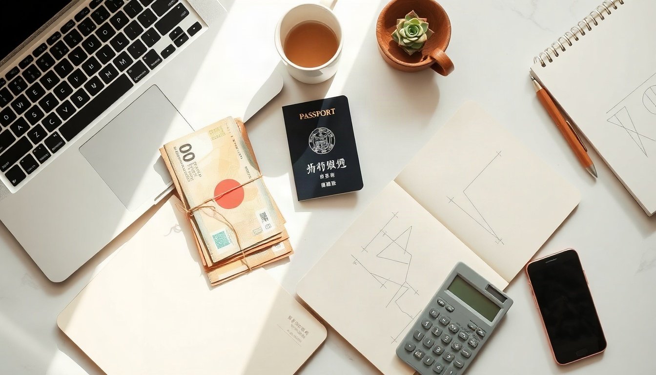 도쿄 한식당도 - flat lay of Japanese yen banknotes, passport, business plan documents and calculator on a wooden desk, Japan business manager visa capital requirement concept, overhead view