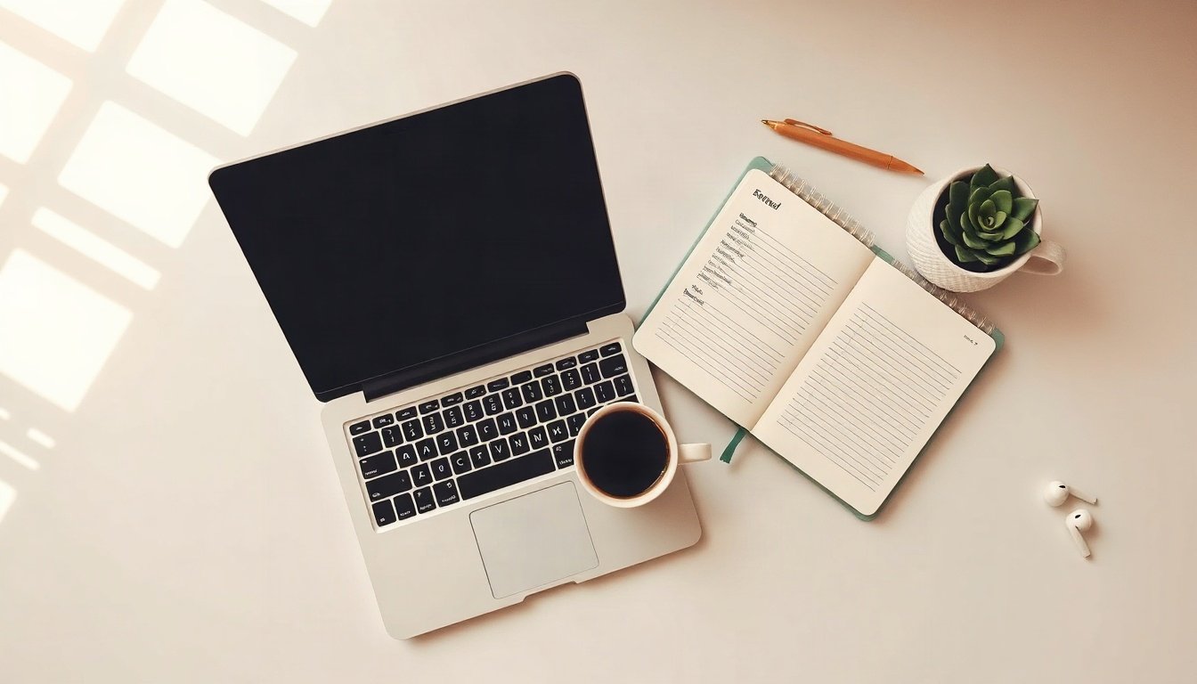 일을 대신하면 - flat lay of laptop showing online course, notebook with career plan and coffee on white desk, AI does the work reskilling concept