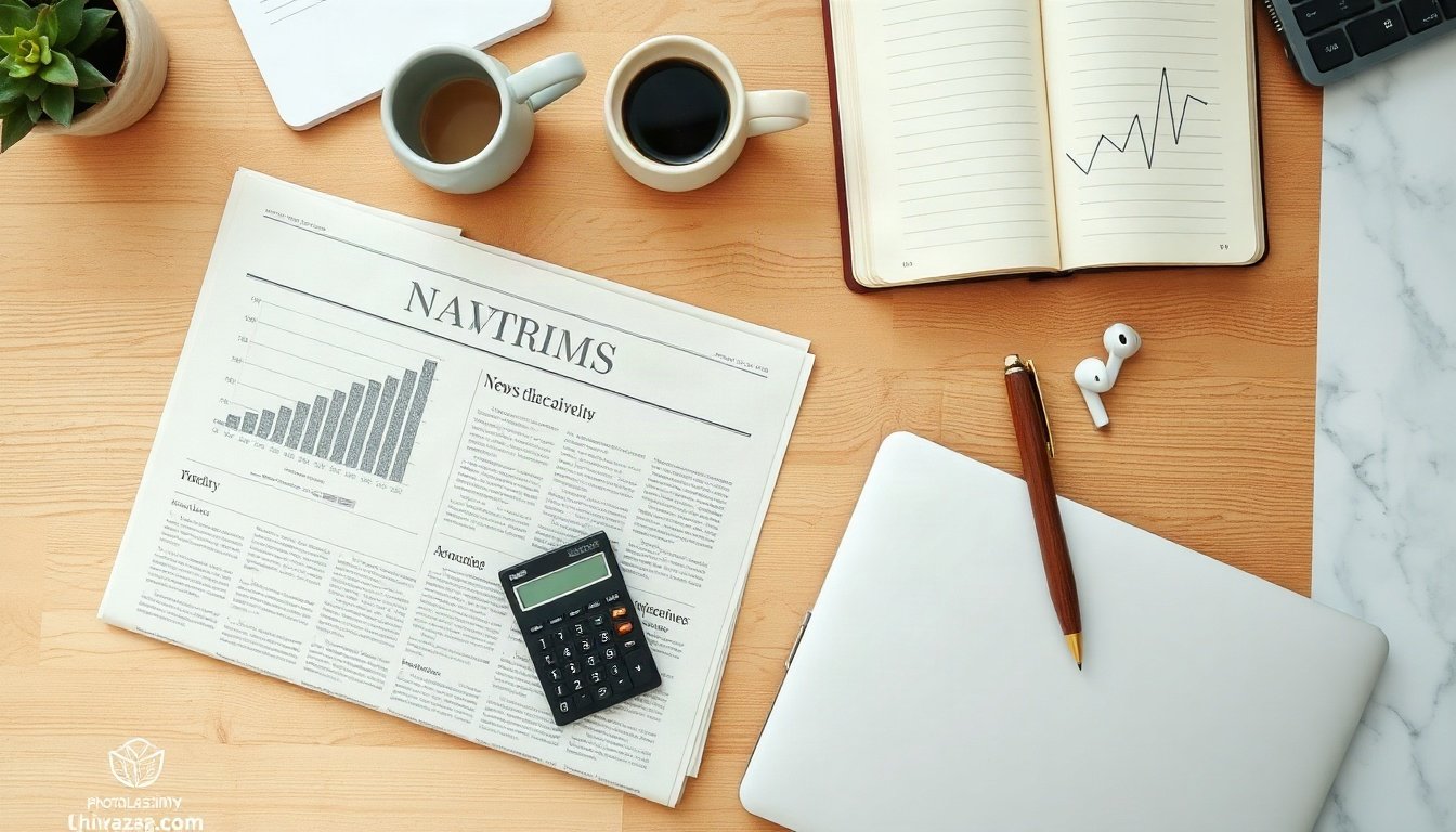 뉴공 아카이브 - flat lay of newspaper with bar chart and calculator on wooden desk, news archive poll analysis concept, Neugong archive keyword