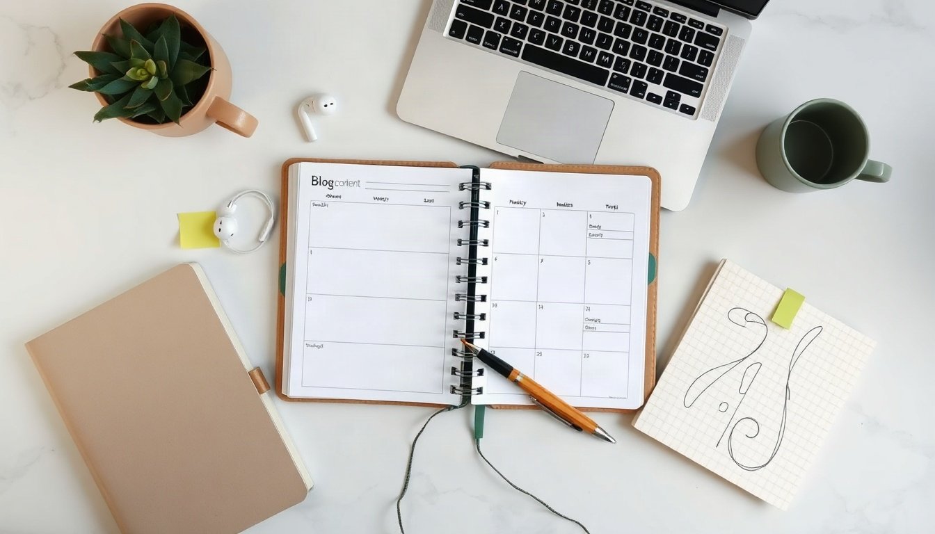 블로그 방문자 늘리기 - overhead view of weekly planner with blog content schedule, sticky notes and pen on wooden desk, blog visitor growth routine concept